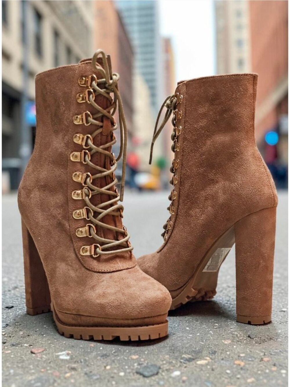 Faux Suede Lace-Up High Heel Platform Boots Taupe Womens Size 6.5 - Picture 10 of 15